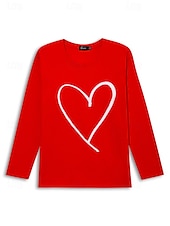 billige Plain t-skjorte-Valentine Kvinners Hjerte T-skjorte Sød Rød Tee Vanlige Topper Langermet Rund hals Trykk Vanlig Passform Valentines Weekend Svart Rosa Rød Vår  Høst