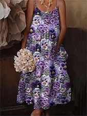 billiga Casual blommiga klänningar-kvinnors boho maxi klänning spaghetti rem lapptäcke geometriska blommönster casual strand solklänning flerfärgad fri storlek vår sommar kläder