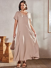 levne Šaty-Dámské Světlá růžová Nebeská modř Khaki Léto Maxi dlouhé šaty Maxi šaty Bavlněné lněné šaty Volnočasové šaty Jednobarevné Denní Volný Tričkový