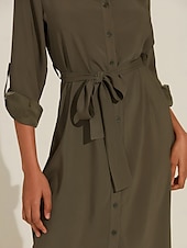 economico vestito casual-Abito camicia midi casual con bottoni in raso e allacciatura