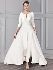 voordelige Mama&amp;#39;s jumpsuits-Twee-delige Jumpsuit  Pantalon Moeder van de Bruid Formeel Bruiloft Gast Elegante Afneembare V-Hals Vloerlengte Satijn 3/4 Lengte Mouw Met Riem  Ribbon 2025 gratis maatwerk