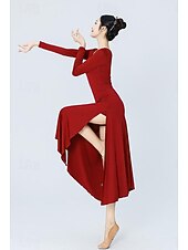 cheap Ballroom Dancewear-Latin Dance Ballroom Dance Dress Pure Color Women&#039;s Training Daily Wear Long Sleeve High POLY