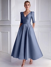 levne Koktejlové šaty-A-line svatební host šaty koktejlové šaty plážová svatba elegantní šaty formální svatební host čajová délka polotričko V výstřih satén s kapsou šaty