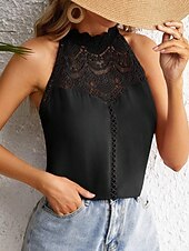 levne Dámské topy a košilky-Dámský top bez rukávů s ramínky jednobarevný stylový casual výstřih kulatý každodenní krajkový černý bílý letní jaro