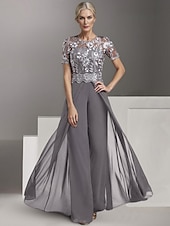 cheap Mom&#039;s Jumpsuits-Beach Wedding Jumpsuit / Pantsuit Mother of the Bride  Wedding Guest Elegant Jewel Neck Ankle Length Stretch Chiffon Short Sleeve with Lace Pleats free custom size