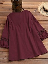 cheap Shirts-Women&#039;s Shirt Lace Shirt Blouse Eyelet top Plain Basic Modern 3/4 Length Sleeve Crew Neck Regular Tops Casual Lace Patchwork Black White Wine Navy Blue Summer Spring