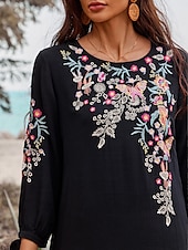 billiga svart mini klänning-Dam Mini klänning Svart klänning Mexikansk klänning Klassisk Boho Dagligen Lös passning Blommig Långärmad Rund hals Svart Sommar Vår