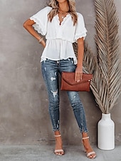 voordelige Elegante topjes-Overhemd Kanten overhemd Blouse Wit kanten overhemd Dames Zwart Wit Effen Kant Soepelvallende tuniek Straat Dagelijks Modieus V-hals Normale pasvorm S