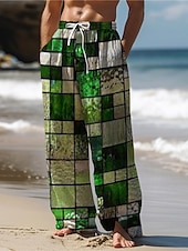 billiga Casual byxor med tryck för män-Herr Hawaiisk Färgblock Pläd / Rutig Blandad färg Byxor 3D-tryck Byxor med raka ben Medium Midja Dragsko Elastisk midja Utomhus Gata Helgdag Sommar Vår Höst Slapp form Microelastisk