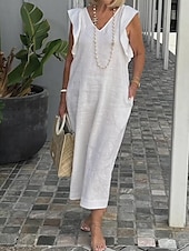 olcso design pamut és len ruhák-Női Fekete Fehér Sárga Nyár Tavasz Maxi hosszú ruha Midi ruha Fehér ruha Pamut vászon ruhák Nyári ruha Modern Alkalmi Napi Hétvége Laza öltözet Sima V-alakú