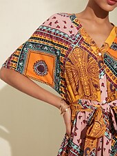 フォークプリント Vネックマキシドレス お買い得  プリントカジュアルドレス-フォークプリント Vネックマキシドレス