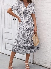 preiswerte Elegante Blumenkleider-Damen Midikleid Casual kleid Schaukelkleid A Linie Kleid Sommerkleid Strassenmode A-Linie Urlaub Strasse Festtage Regular Fit Blumen Kurzarm V Ausschnitt Schwarz Rote Blau Grün Sommer