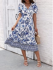 preiswerte Elegante Blumenkleider-Damen Midikleid Casual kleid Schaukelkleid A Linie Kleid Sommerkleid Strassenmode A-Linie Urlaub Strasse Festtage Regular Fit Blumen Kurzarm V Ausschnitt Schwarz Rote Blau Grün Sommer