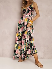 preiswerte Kleider für die Ferien-Damen Freizeitkleid Unterkleid Blumen rückenfrei Print Träger langes Kleid Maxikleid Hawaii Urlaub Strand ärmellos Sommer