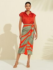 economico gonna da donna-gonna midi in vita elasticizzata color block in raso