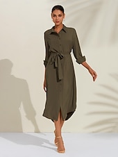 economico vestito casual-Abito camicia midi casual con bottoni in raso e allacciatura