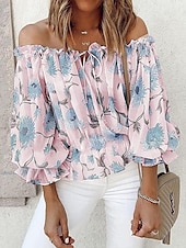 cheap Sexy Tops-Women&#039;s Shirt Blouse Floral Fashion Long Sleeve Cold Shoulder Off Shoulder Regular Tops Casual Holiday Lace up Buttons Print White Pink Blue Beige Summer