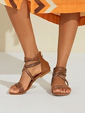 olcso Nyári szandálok-női boho strand fonott pántos lapos barna szandál | elegáns nyári kényelmes lábbeli