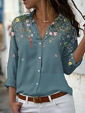 billige Kvinne Grafiske Topper-dameskjorte bluse mote blomsterknapper med lange ermer vanlige topper skjortekrage uformell ferie rosa blå grønn vår &amp;amp;  falle
