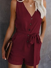 abordables grenouillère-combinaison femme sans manches col en V boutonné devant noué à la taille couleur unie lin style décontracté élégant été printemps tenue une pièce