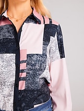 preiswerte Damen Streifen- und geometrische Oberteile-Damenhemd Langarm Knopfbluse Modisch Farbblock Druck Reguläre Tops Hemd Kragen Lässig Gelb Pink Blau Frühling  Herbst