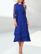 abordables Con chaqueta-Vestido A Línea de Playa para la Madre de la Novia Elegante Cuello Joyero Longitud de Té Chifón Manga de 3/4 Envoltura Incluida con Fruncido 2025 tamaño personalizado gratis