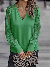economico Top in Pizzo-Top in pizzo elegante da donna con occhiello blusa alla moda moderna patchwork in pizzo maniche lunghe regolare scollatura a V casual romantico top petite estivi per le vacanze nere marroni verdi