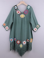 ieftine Rochii de plajă-Pentru femei Rochie albă Rochie Mini Bufantă Peteci Vacanță Plajă Sexy Boho În V Lungime Manșon 3/4 Negru Alb Roșu-aprins Culoare