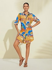 baratos Vestidos de Férias-Vestido curto de cetim com estampa gráfica de mapa costeiro