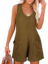 billiga Rompers-Dam Vanligt Jumpsuits Streetwear Ensfärgat Ärmlös V-hals Knappar Ficka Gata Dagligen Normal Svart Rodnande Rosa Vin Sommar