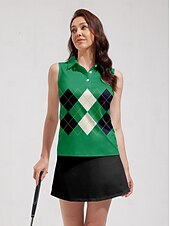 cheap Women's Golf Clothing-Women's Golf Polo Shirt Green Sleeveless Top Plaid Ladies Golf Attire Clothes Outfits Wear Apparel