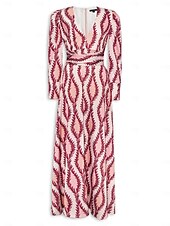 economico Abiti floreali-Per donna Orlo maxi Raso Maxi Vestito maxi SALMONE Bianco Manica lunga Modello di piante Fiore / Piante Pulsante pianta Primavera A V Abito volante S M L
