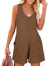 billiga Rompers-Dam Vanligt Jumpsuits Streetwear Ensfärgat Ärmlös V-hals Knappar Ficka Gata Dagligen Normal Svart Rodnande Rosa Vin Sommar