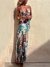 economico Abiti eleganti floreali-Per donna Abito lungo Abito lungo Abito casual Abiti Boho Chic Boemia Maxi Linea A Da mare Per eventi Taglia piccola Floreale Tropicale Senza maniche A V Nero Bianco Blu Estate