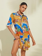 baratos Vestidos de Férias-Vestido curto de cetim com estampa gráfica de mapa costeiro