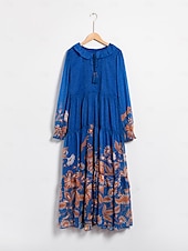 economico abito casual stampato-abito boho in chiffon con fiori tropicali e maniche a sbuffo