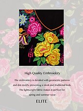 preiswerte abendkleider-Besticktes Maxikleid für Damen, V-Ausschnitt, lange Ärmel, Blumenmuster, Folk-inspiriert, schwarz, mehrfarbig, elegant, leger bis halbformell, für Frühling und Herbst, leicht, bequeme Passform, in