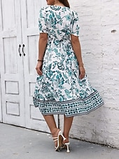 preiswerte Elegante Blumenkleider-Damen Midikleid Casual kleid Schaukelkleid A Linie Kleid Sommerkleid Strassenmode A-Linie Urlaub Strasse Festtage Regular Fit Blumen Kurzarm V Ausschnitt Schwarz Rote Blau Grün Sommer