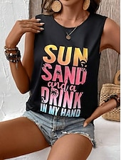billiga Damlinnen och blusar-Damers Spaghetti Tank Top Västs Semester Tropisk Mode Bokstavstryck Ärmlös Regelbundna Toppar Crew Neck Avslappnad Svart Grå Sommar