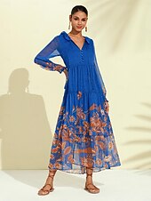 economico abito casual stampato-abito boho in chiffon con fiori tropicali e maniche a sbuffo