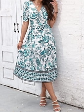 preiswerte Elegante Blumenkleider-Damen Midikleid Casual kleid Schaukelkleid A Linie Kleid Sommerkleid Strassenmode A-Linie Urlaub Strasse Festtage Regular Fit Blumen Kurzarm V Ausschnitt Schwarz Rote Blau Grün Sommer