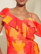 abordables Robe de cocktail-Robe mi-longue à basque pour femmes, tenue d&#039;invité de mariage, violet, orange, manches courtes, volants fleuris, cravate sur le devant, printemps &amp;amp; été asymétrique romantique s m l