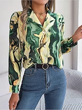 voordelige Dames grafische tops-dames overhemd blouse mode abstract knopen print lange mouw normale tops overhemd kraag casual geel rood blauw paars groen lente&amp;amp;  val