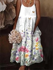 billiga Casual blommiga klänningar-kvinnors boho maxi klänning spaghetti rem lapptäcke geometriska blommönster casual strand solklänning flerfärgad fri storlek vår sommar kläder
