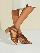 Χαμηλού Κόστους Block Heels-Γυναικεία Τακούνια Σανδάλια Ρωμαϊκά παπούτσια Φούντα Αποκλείστε τη φτέρνα Φο Δέρμα Πόρπη Καφέ