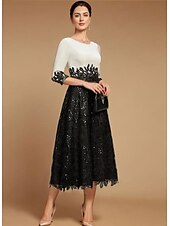 baratos Comprimento do chão-A-Line Vestido para a Mãe da Noiva Convidada de Casamento Elegante Vintage Decote Joia Comprimento Chá Renda Manga Curta com Bloco de Cores de Renda 2025 tamanho personalizado grátis