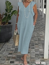 olcso design pamut és len ruhák-Női Fekete Fehér Sárga Nyár Tavasz Maxi hosszú ruha Midi ruha Fehér ruha Pamut vászon ruhák Nyári ruha Modern Alkalmi Napi Hétvége Laza öltözet Sima V-alakú