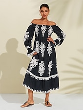 baratos vestido casual estampado-vestido midi com estampa geométrica ombro a ombro