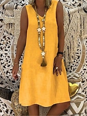 cheap Design Cotton &amp; Linen Dresses-Women&#039;s Black Yellow Wine Summer Spring Mini Dress Cotton Linen Dresses Sundress Casual Vacation Daily Beach Regular Fit Plain V Neck
