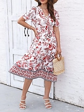 preiswerte Elegante Blumenkleider-Damen Midikleid Casual kleid Schaukelkleid A Linie Kleid Sommerkleid Strassenmode A-Linie Urlaub Strasse Festtage Regular Fit Blumen Kurzarm V Ausschnitt Schwarz Rote Blau Grün Sommer